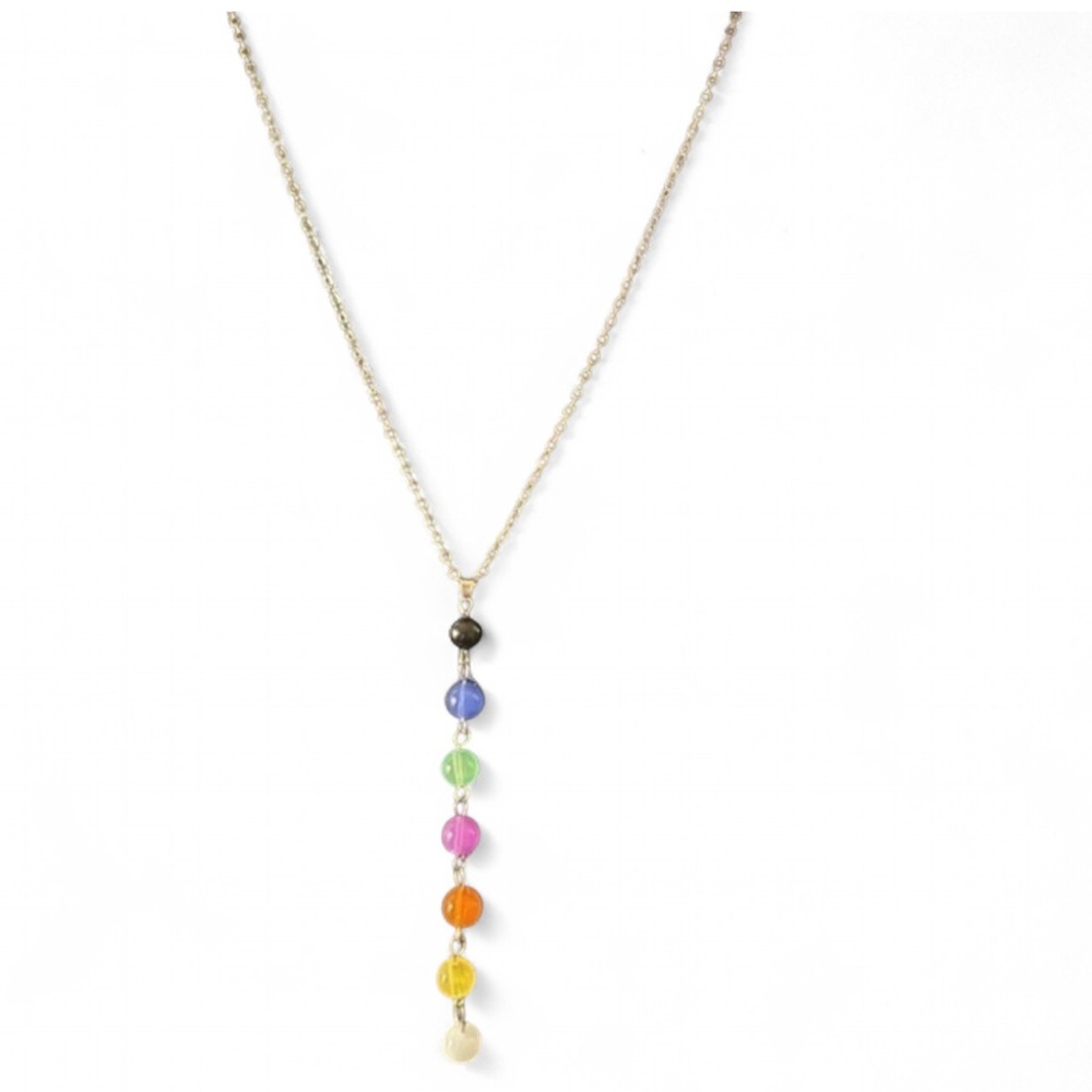 Rainbow Bead Silvertone Necklace 16”